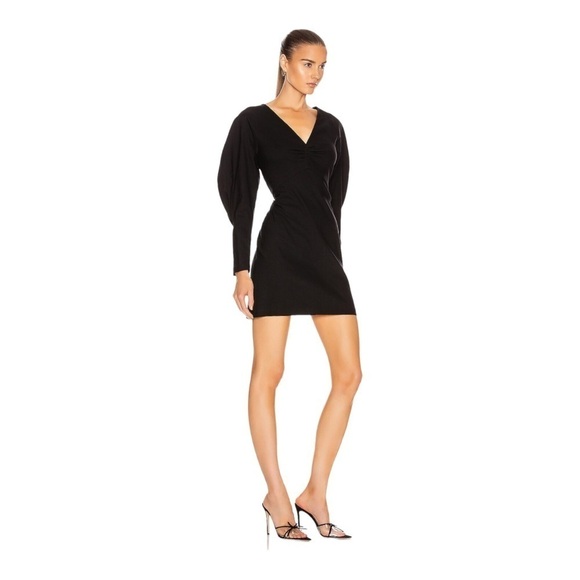 NWT A.L.C. Aila Black Puff Sleeve Mini Dress V Neck Linen Blend Long Sleeve US 8 - Picture 3 of 11